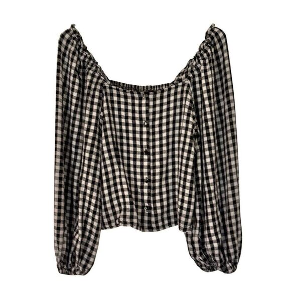 Who What Wear black linen gingham puff sleeve cropped blouse  large - Picture 3 of 10